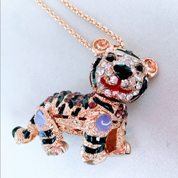 Crystal Studded Tiger Necklace movable legs head - Picture 4 of 5